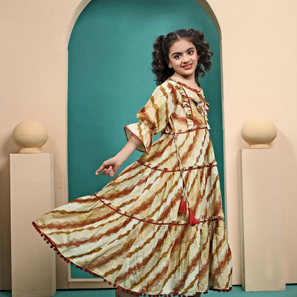 Divine Drape Girls Muslin Mustard Printed Kids Anarkali Gown