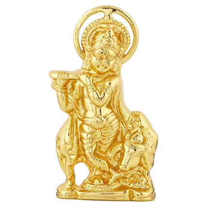 Estele Gold-Polished God of love Sri Krishna Idol with Kamdhenu for Home/Car decor