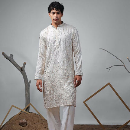 Off White Viscose Designer Embroidery Work Kurta Set - Mahotsav
