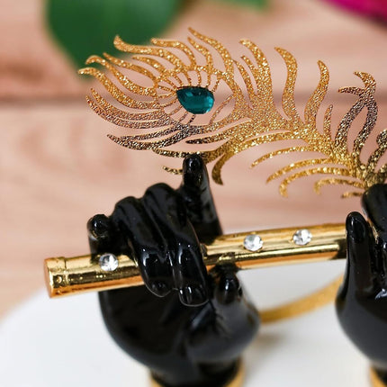 House Of Wemy Gold-Polished Lord Krishna Hands Idol with Flute and Pecock Feather - Black