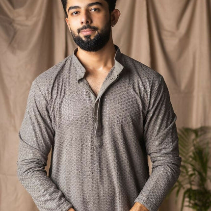 Grey Rayon Thread Embroidery Work Kurta Set - Mahotsav