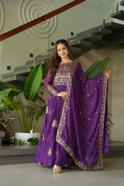Aastha Fashion Purple Chinnon Sequins-Multi & Beads Embroidered Work Party Wear Designer Gown