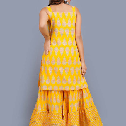 Shehnai Yellow Printed Strap Short Kurta With Sharara Set And Net Dupatta