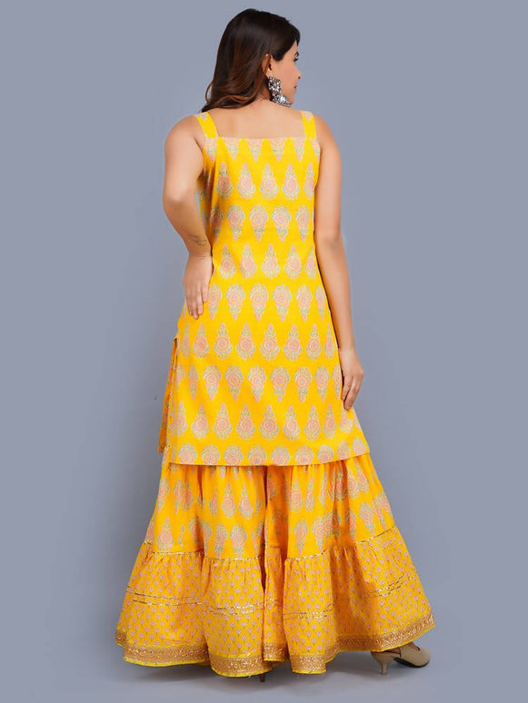 Shehnai Yellow Printed Strap Short Kurta With Sharara Set And Net Dupatta