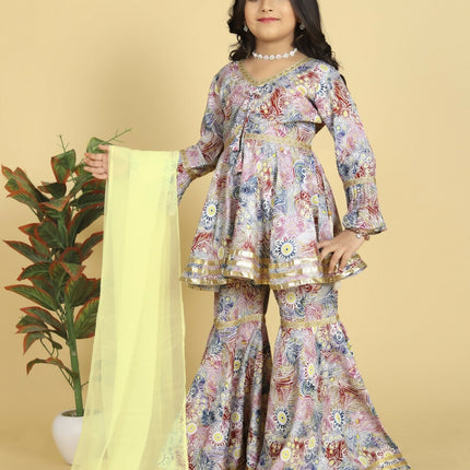 Divine Drape Girls Muslin MultiColour Printed Straight Kids Kurta Sharara With Dupatta