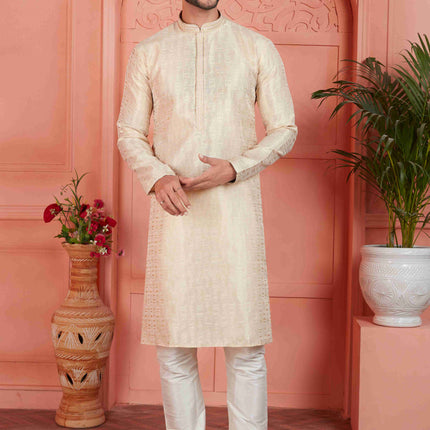Raivat Ethnic Men's Jacquard Silk Brocade Pintux Work Kurta Pyjama In Cream Colour