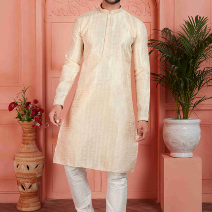 Raivat Ethnic Men's Jacquard Silk Brocade Pintux Work Kurta Pyjama In Cream Colour
