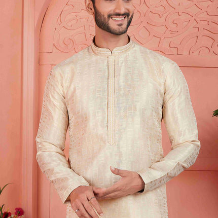 Raivat Ethnic Men's Jacquard Silk Brocade Pintux Work Kurta Pyjama In Cream Colour