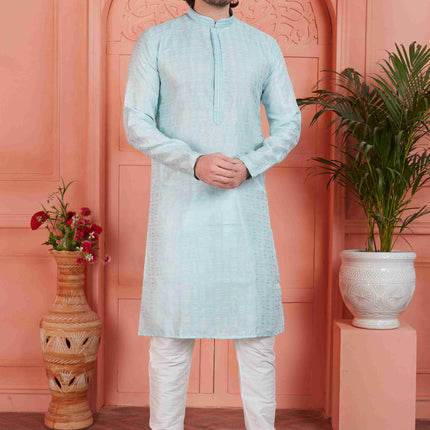 Raivat Ethnic Men's Jacquard Silk Brocade Pintux Work Kurta Pyjama In Sky Blue Colour