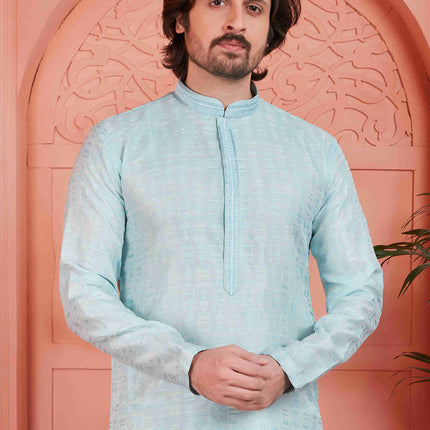 Raivat Ethnic Men's Jacquard Silk Brocade Pintux Work Kurta Pyjama In Sky Blue Colour
