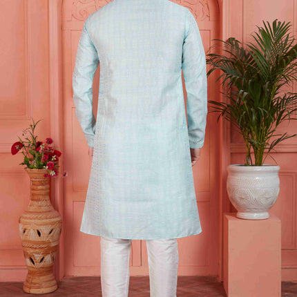 Raivat Ethnic Men's Jacquard Silk Brocade Pintux Work Kurta Pyjama In Sky Blue Colour