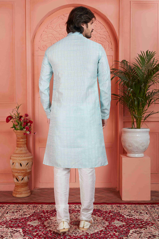 Raivat Ethnic Men's Jacquard Silk Brocade Pintux Work Kurta Pyjama In Sky Blue Colour