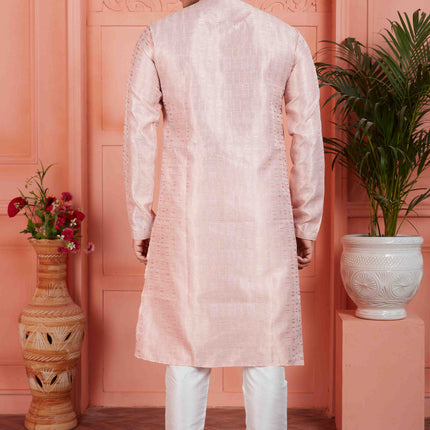 Raivat Ethnic Men's Jacquard Silk Brocade Pintux Work Kurta Pyjama In Peach Colour