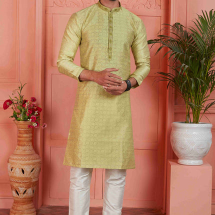 Raivat Ethnic Men's Jacquard Silk Brocade Mirror and Pintux Work Kurta Pyjama In Yellow Colour