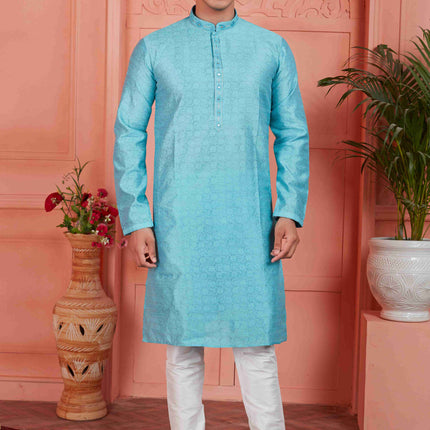 Raivat Ethnic Men's Jacquard Silk Brocade Mirror and Pintux Work Kurta Pyjama In Blue Colour