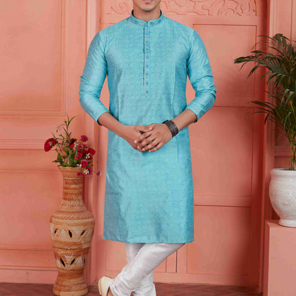 Raivat Ethnic Men's Jacquard Silk Brocade Mirror and Pintux Work Kurta Pyjama In Blue Colour