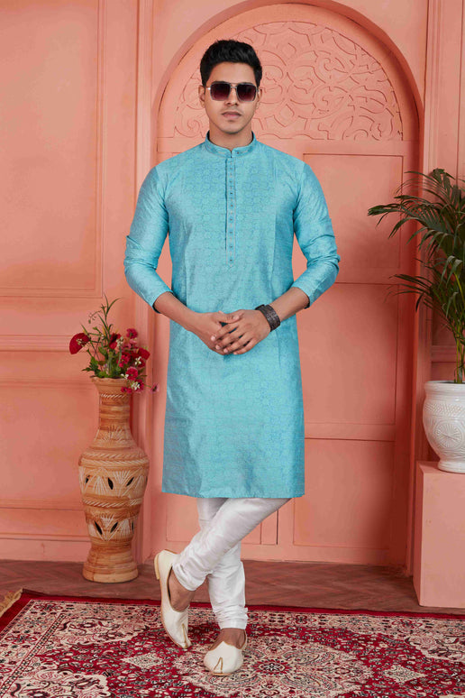 Raivat Ethnic Men's Jacquard Silk Brocade Mirror and Pintux Work Kurta Pyjama In Blue Colour