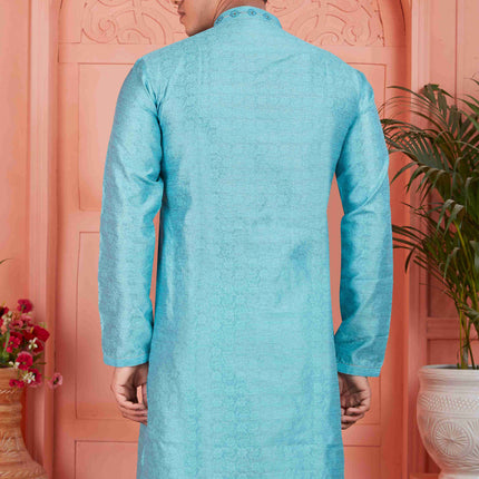 Raivat Ethnic Men's Jacquard Silk Brocade Mirror and Pintux Work Kurta Pyjama In Blue Colour
