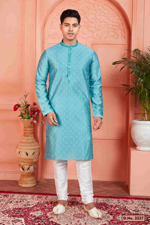 Raivat Ethnic Men's Jacquard Silk Brocade Mirror and Pintux Work Kurta Pyjama In Blue Colour