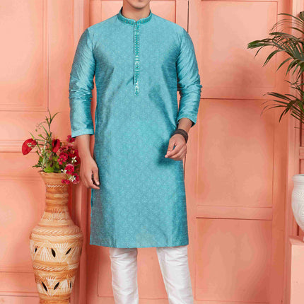 Raivat Ethnic Men's Jacquard Silk Brocade Mirror and Pintux Work Kurta Pyjama In Blue Colour