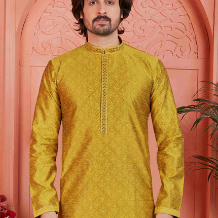 Raivat Ethnic Men's Jacquard Silk Brocade Mirror and Pintux Work Kurta Pyjama In Gold Colour