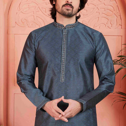 Raivat Ethnic Men's Jacquard Silk Brocade Mirror and Pintux Work Kurta Pyjama In Dark Grey Colour