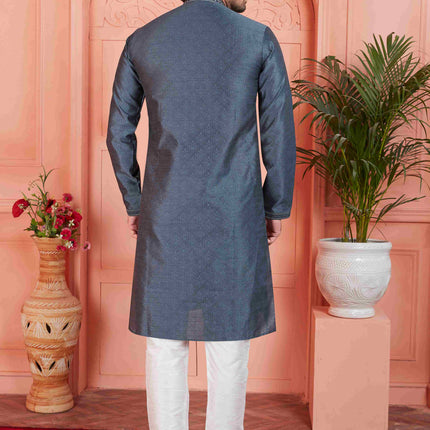 Raivat Ethnic Men's Jacquard Silk Brocade Mirror and Pintux Work Kurta Pyjama In Dark Grey Colour