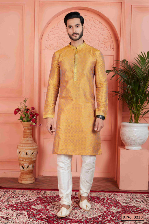 Raivat Ethnic Men's Jacquard Silk Brocade Pintux Work Kurta Pyjama In Mustard Colour