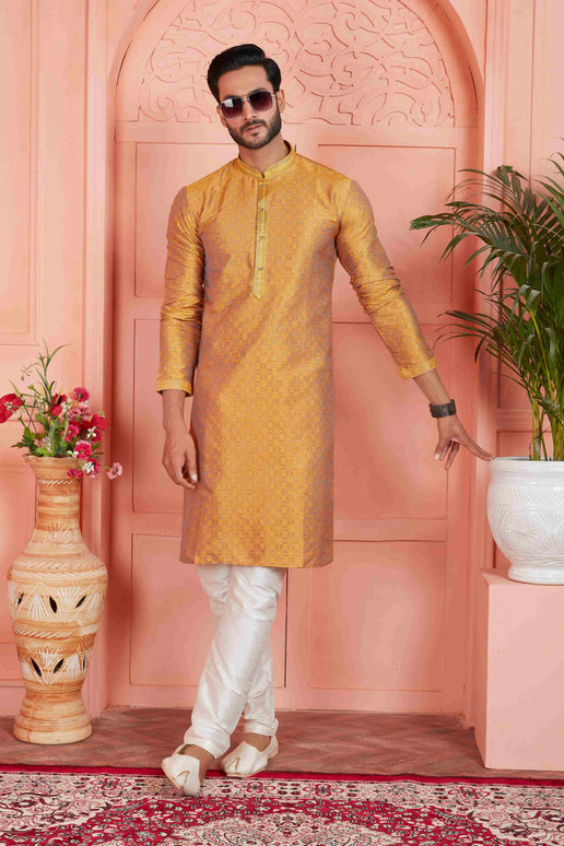 Raivat Ethnic Men's Jacquard Silk Brocade Pintux Work Kurta Pyjama In Mustard Colour
