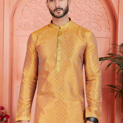 Raivat Ethnic Men's Jacquard Silk Brocade Pintux Work Kurta Pyjama In Mustard Colour