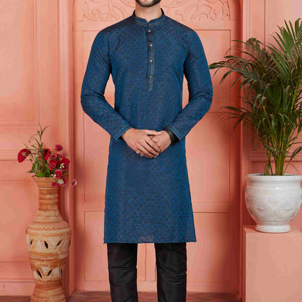 Raivat Ethnic Men's Jacquard Silk Brocade Pintux Work Kurta Pyjama In Teal Colour