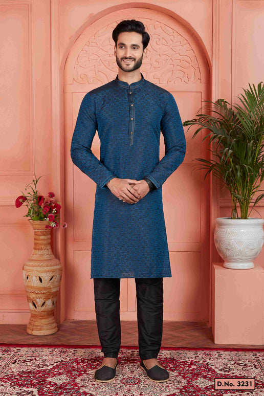 Raivat Ethnic Men's Jacquard Silk Brocade Pintux Work Kurta Pyjama In Teal Colour