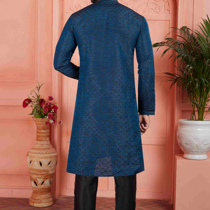 Raivat Ethnic Men's Jacquard Silk Brocade Pintux Work Kurta Pyjama In Teal Colour