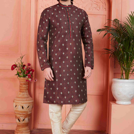 Raivat Ethnic Men's Jacquard Silk Brocade Pintux Work Kurta Pyjama In Brown Colour