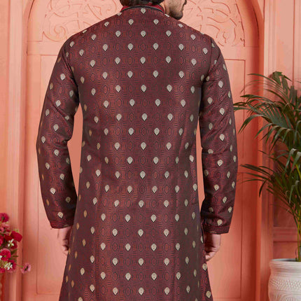Raivat Ethnic Men's Jacquard Silk Brocade Pintux Work Kurta Pyjama In Brown Colour