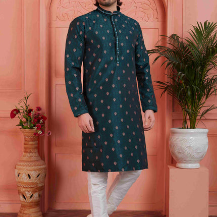 Raivat Ethnic Men's Jacquard Silk Brocade Pintux Work Kurta Pyjama In Teal Blue Colour