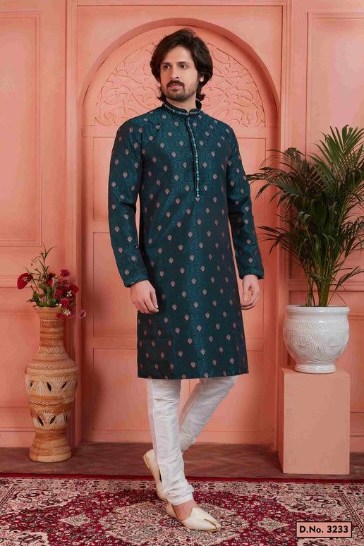 Raivat Ethnic Men's Jacquard Silk Brocade Pintux Work Kurta Pyjama In Teal Blue Colour