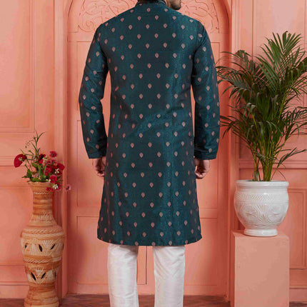 Raivat Ethnic Men's Jacquard Silk Brocade Pintux Work Kurta Pyjama In Teal Blue Colour
