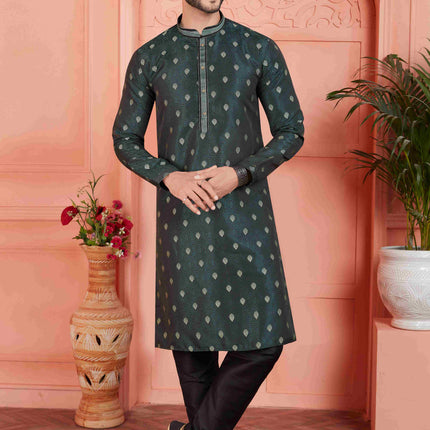 Raivat Ethnic Men's Jacquard Silk Brocade Pintux Work Kurta Pyjama In Dark Green Colour