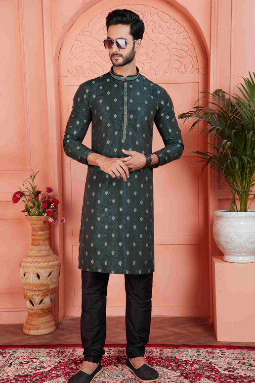 Raivat Ethnic Men's Jacquard Silk Brocade Pintux Work Kurta Pyjama In Dark Green Colour