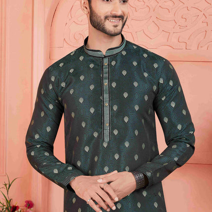 Raivat Ethnic Men's Jacquard Silk Brocade Pintux Work Kurta Pyjama In Dark Green Colour