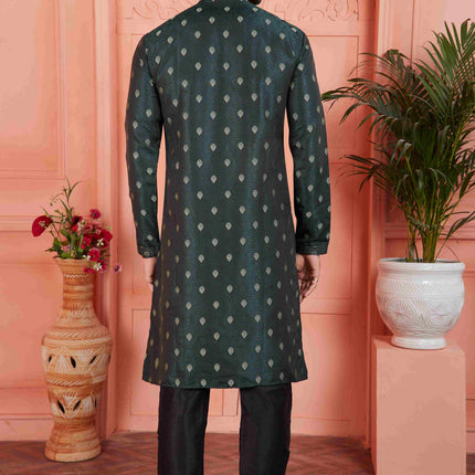 Raivat Ethnic Men's Jacquard Silk Brocade Pintux Work Kurta Pyjama In Dark Green Colour