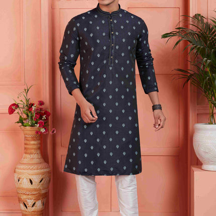 Raivat Ethnic Men's Jacquard Silk Brocade Pintux Work Kurta Pyjama In Blue Colour