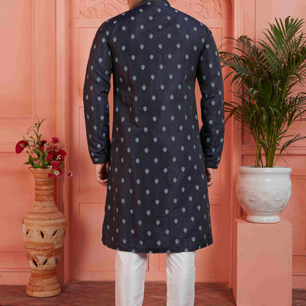 Raivat Ethnic Men's Jacquard Silk Brocade Pintux Work Kurta Pyjama In Blue Colour