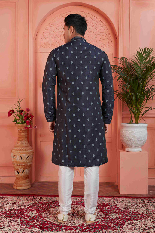 Raivat Ethnic Men's Jacquard Silk Brocade Pintux Work Kurta Pyjama In Blue Colour