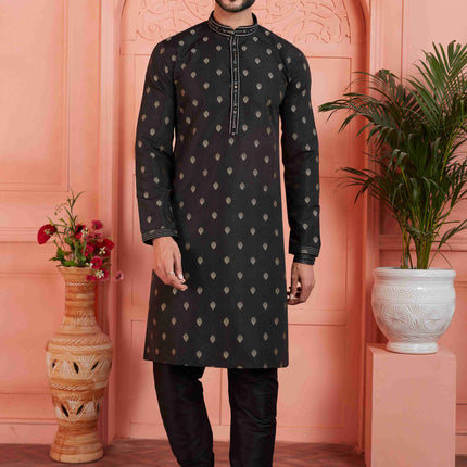 Raivat Ethnic Men's Jacquard Silk Brocade Pintux Work Kurta Pyjama In Black Colour