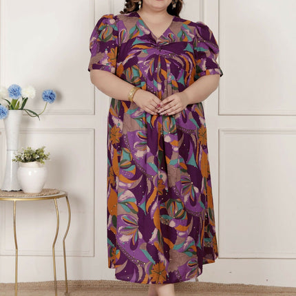 Miravan Womens Plus Size Floral Print Puff Sleeve Pure Cotton Magenta Butterfly Maxi Dress