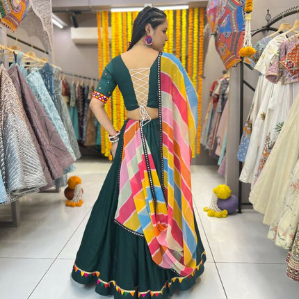 Aastha Fashion Green Rayon Multi Colour Samosa Lace Semi Stitched Wedding Wear Lehenga Choli