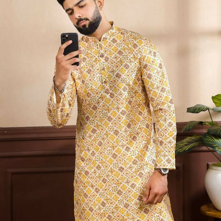 Mustard Art Silk Digital Printed, Embroidery Work Kurta Set - Mahotsav