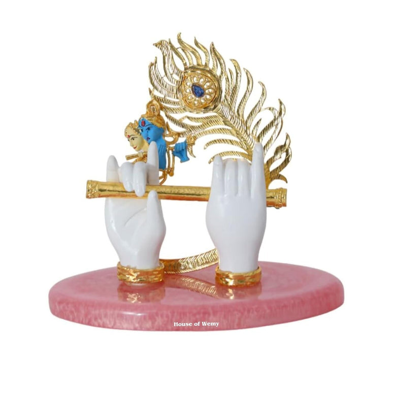 House Of Wemy Gold-Polished Lord Krishna Hands Idol with Flute, Face and Pecock Feather